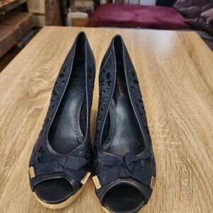 Kelly & Katie Navy Blue Peep-Toe Heels with Gold Accents